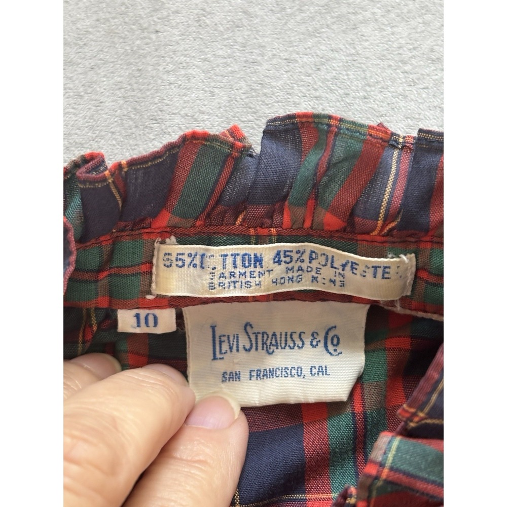 Vtg 70s Levi Strauss Blouse Womens Sz 10 Tartan Plaid High Neck Puff Sleeve Twee - Picture 2 of 9